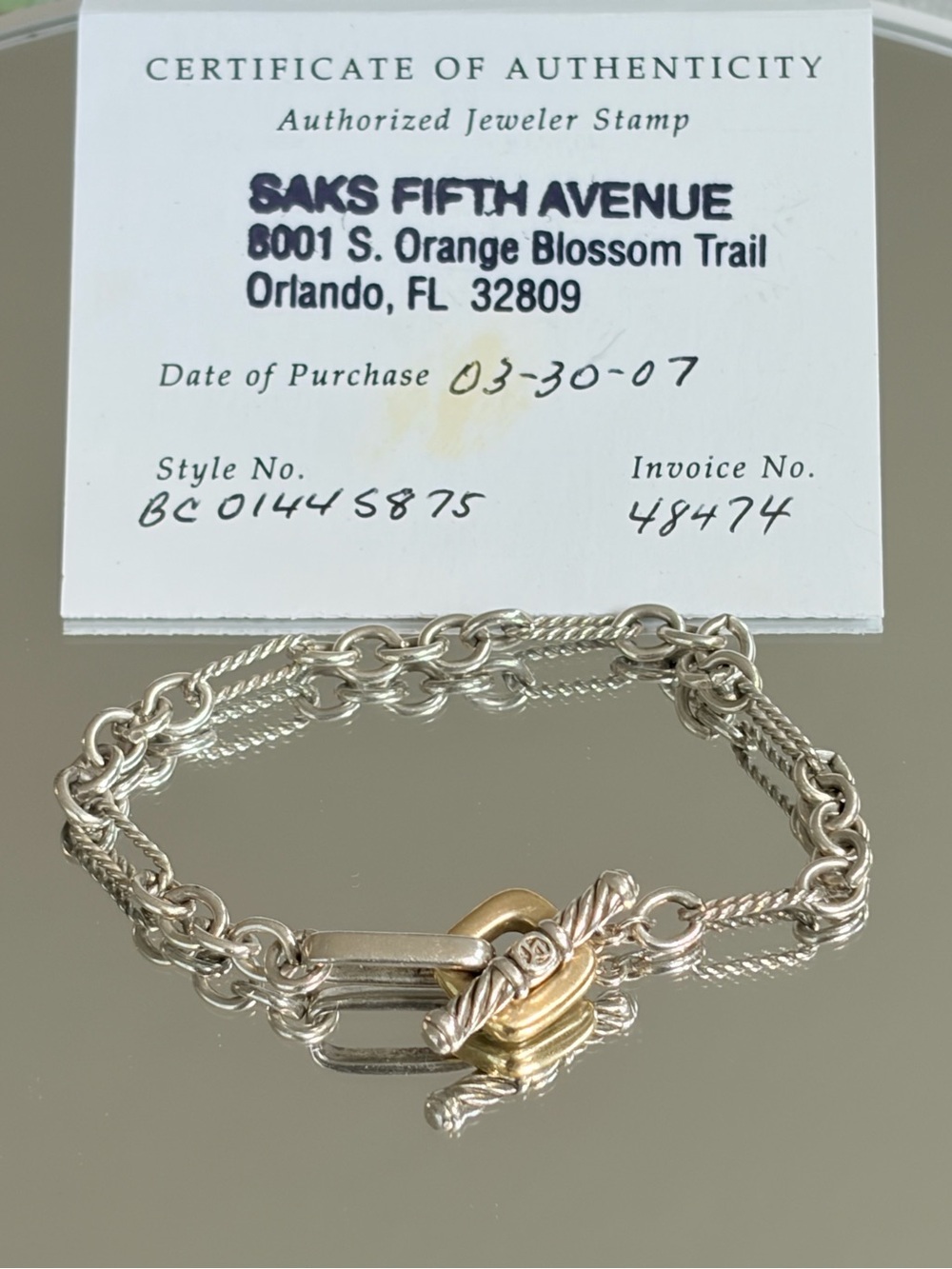 David Yurman Figaro Oval Link Cable Toggle Bracelet 18K Gold 925 Silver COA